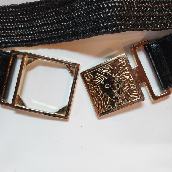 Ladies Black Jute Cotton Stretch LEATHER Belt LION FACE Shiny Buckle Size M/L - Picture 3 of 11